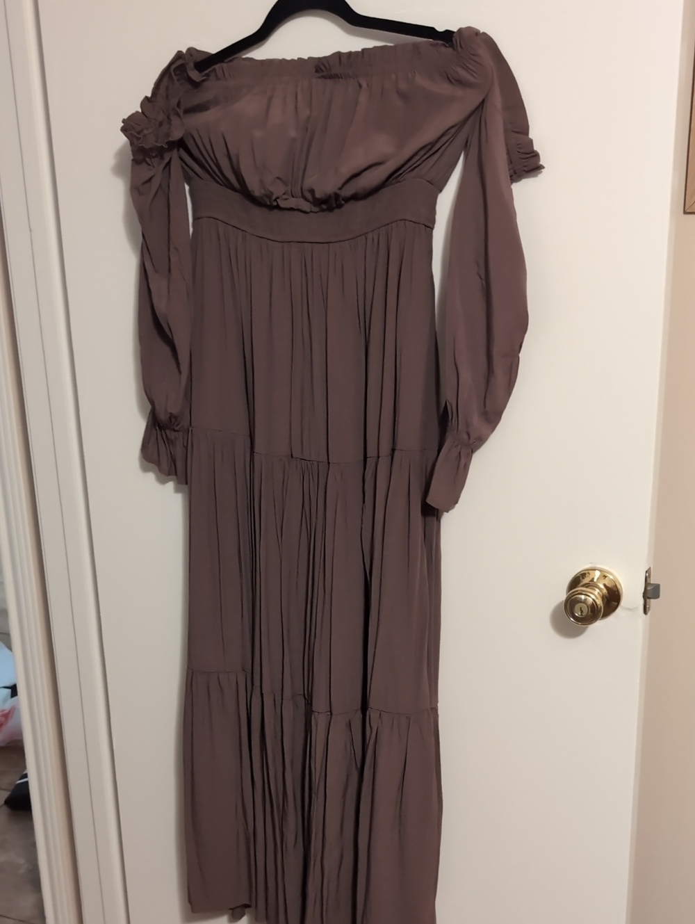 Off-Shoulder Long Sleeve Maxi Dress in Taupe
